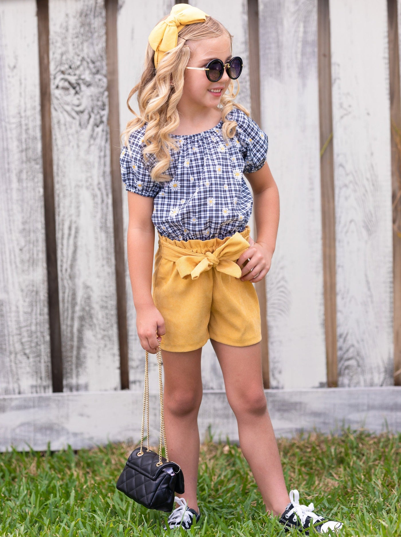 Spring Outfits | Girls Plaid Daisy Smocked Top & Paperbag Shorts Set