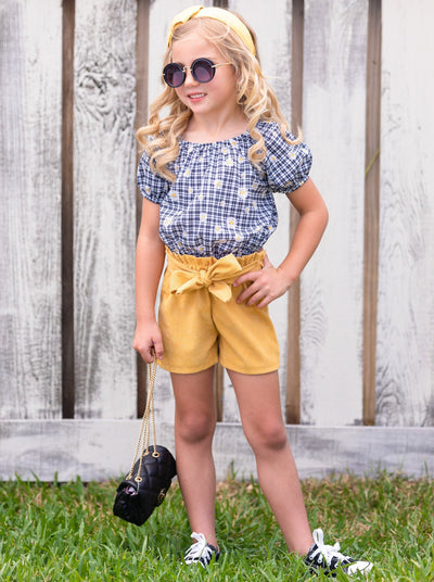 Spring Outfits | Girls Plaid Daisy Smocked Top & Paperbag Shorts Set