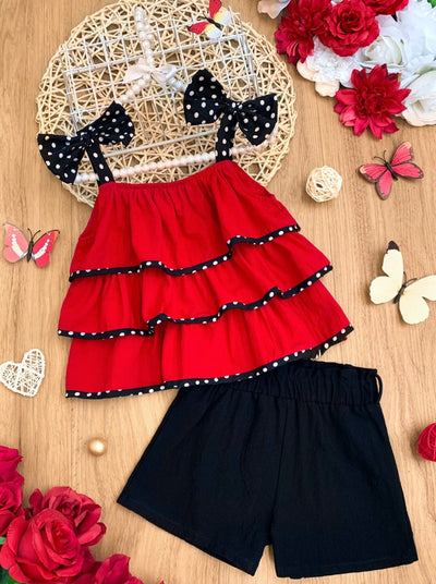 Girls set features a red top polka dot bow straps and three-tier ruffle hem and black shorts with stretchy waistband 2T -10Y