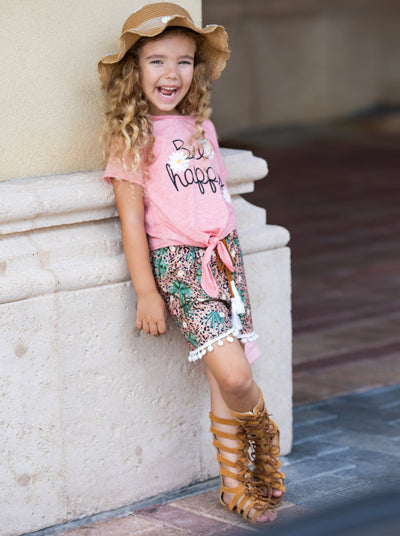 Girls Spring Outfits | Bee Happy Knot Hem Tee & Tassel Hem Shorts Set