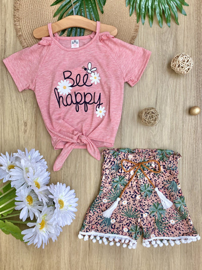 Girls Spring Outfits | Bee Happy Knot Hem Tee & Tassel Hem Shorts Set