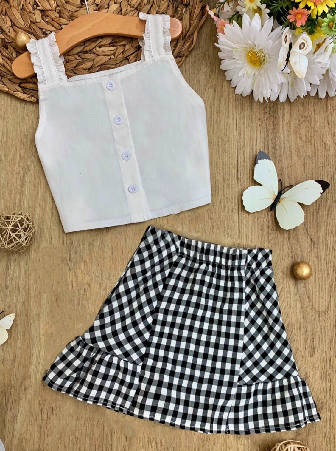 Girls White Cropped Top with Front Buttons and Checkered Skirt