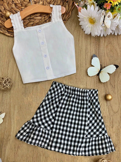 Girls White Cropped Top with Front Buttons and Checkered Skirt