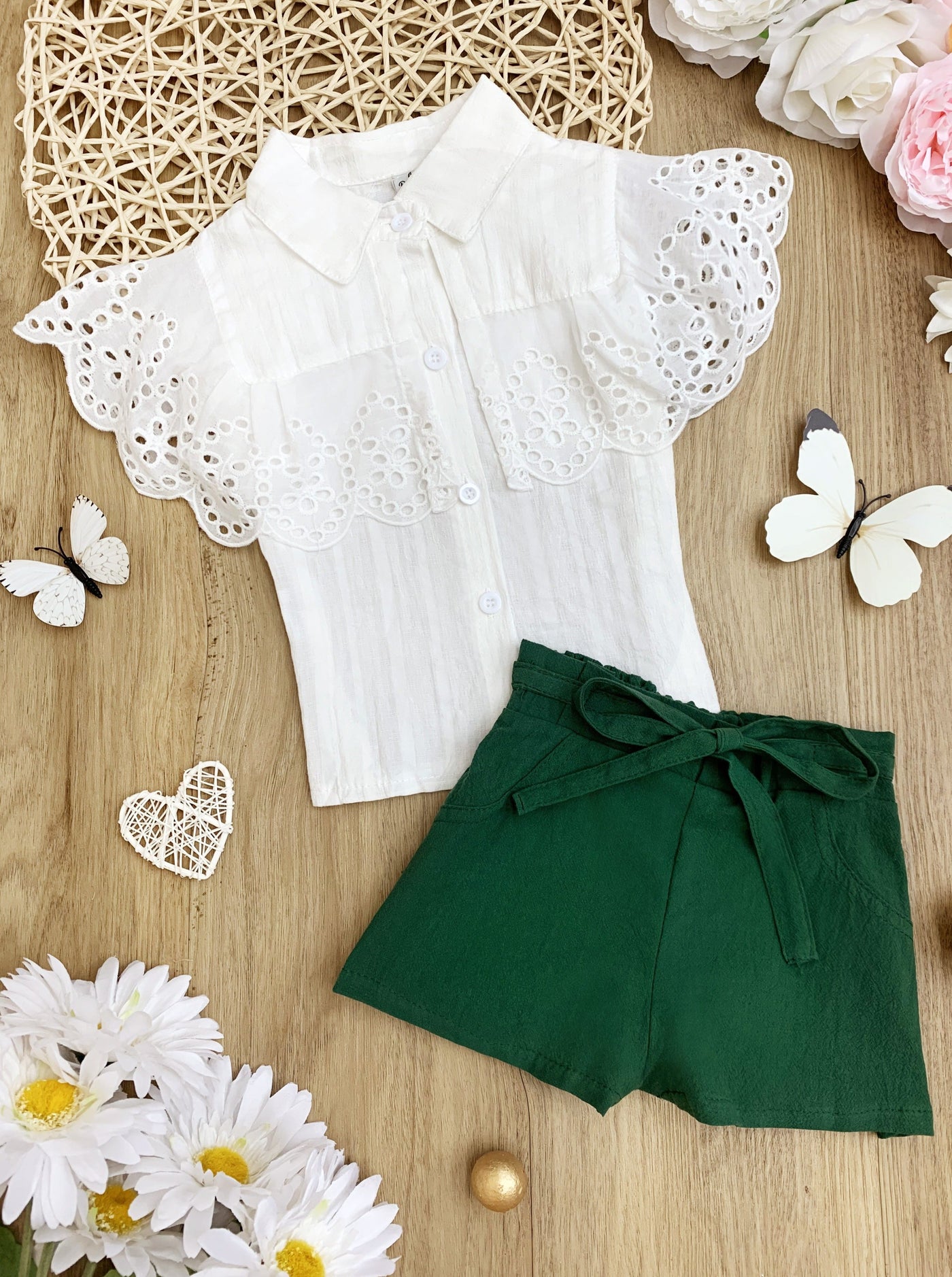 Kids Spring Clothes | Girls Buttoned Eyelet Bib Top & Shorts Set