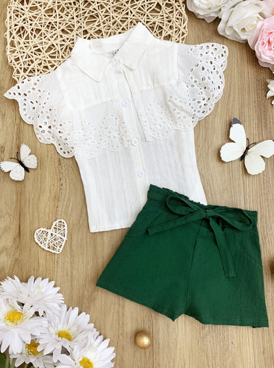 Kids Spring Clothes | Girls Buttoned Eyelet Bib Top & Shorts Set