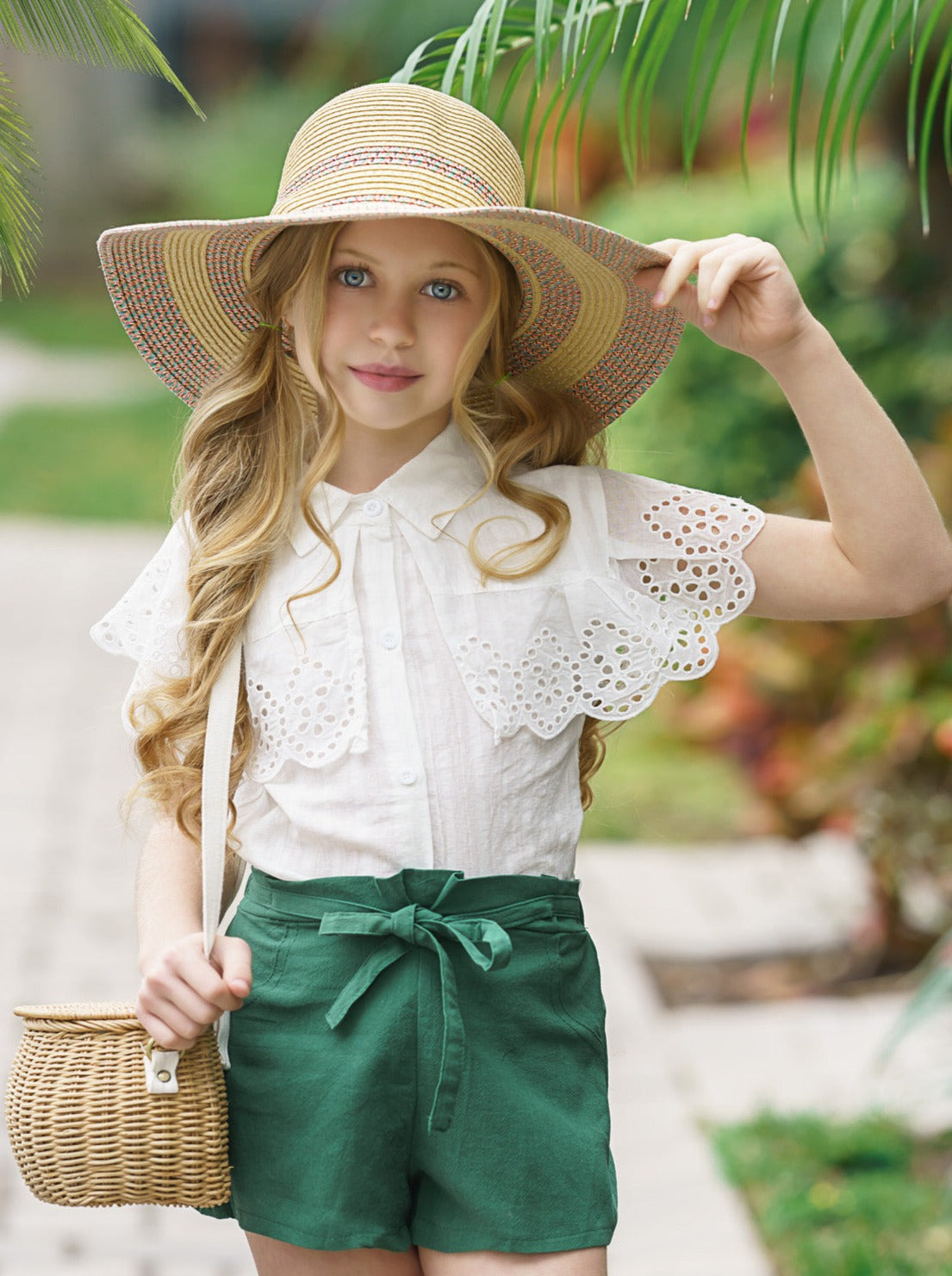 Kids Spring Clothes | Girls Buttoned Eyelet Bib Top & Shorts Set
