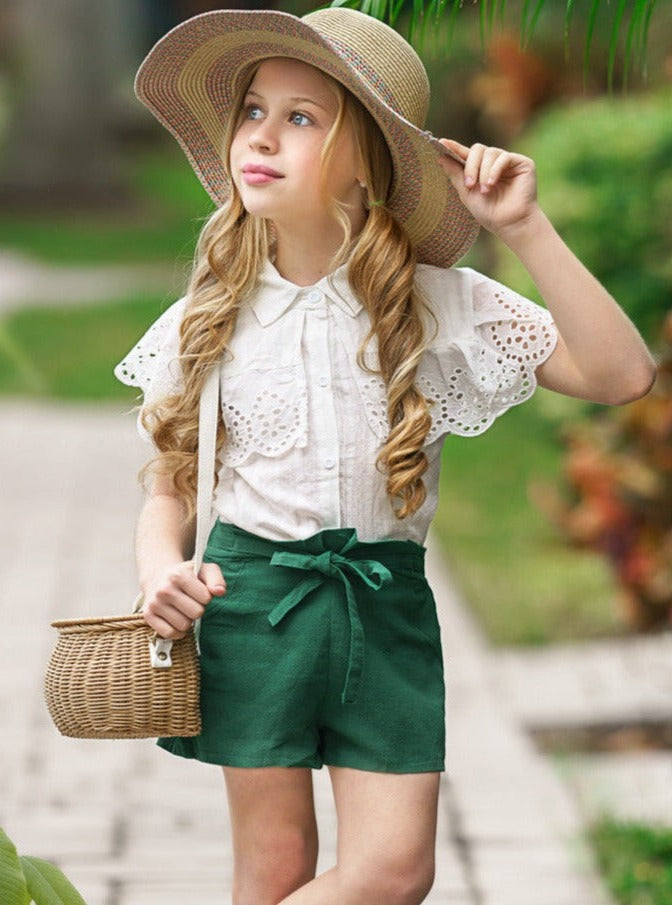 Kids Spring Clothes | Girls Buttoned Eyelet Bib Top & Shorts Set