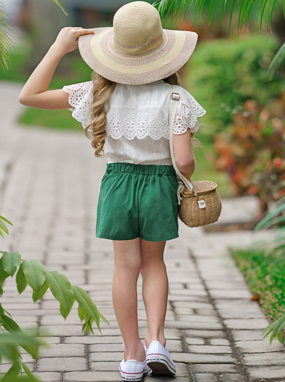 Kids Spring Clothes | Girls Buttoned Eyelet Bib Top & Shorts Set