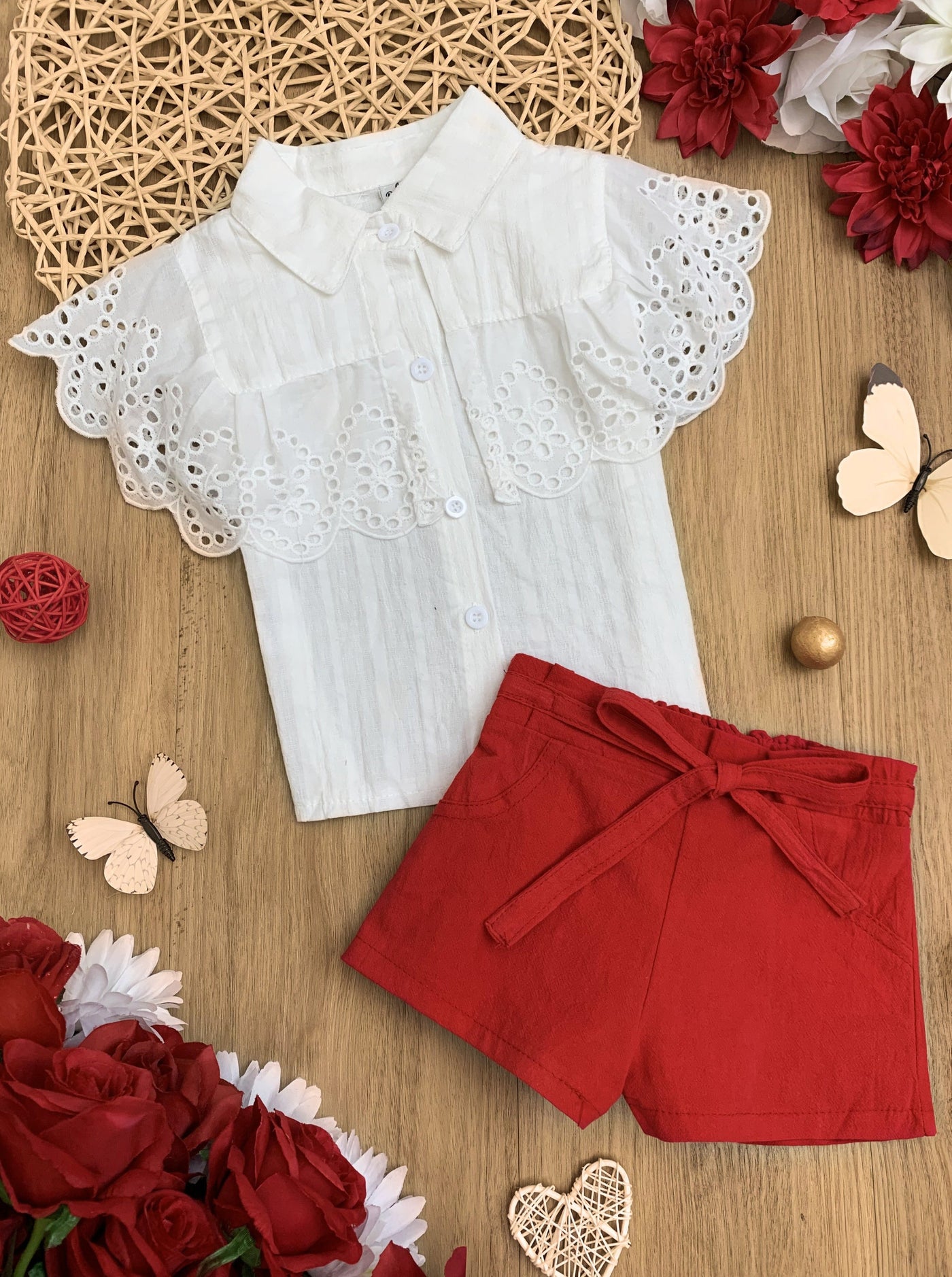 Kids Spring Clothes | Girls Buttoned Eyelet Bib Top & Shorts Set