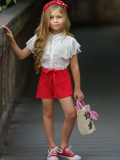 Kids Spring Clothes | Girls Buttoned Eyelet Bib Top & Shorts Set