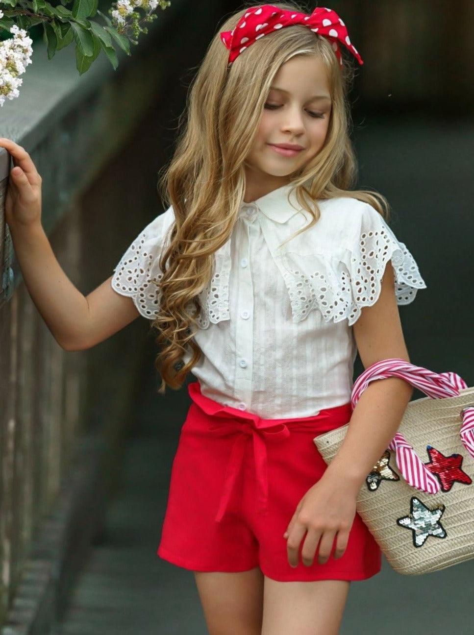 Kids Spring Clothes | Girls Buttoned Eyelet Bib Top & Shorts Set