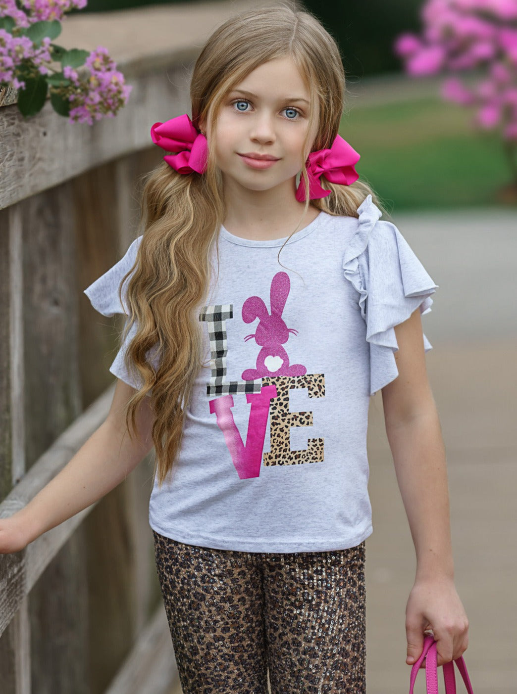 Girls Love Bunny Top and Leopard Sequin Bermuda Leggings Set