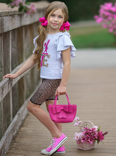 Girls Love Bunny Top and Leopard Sequin Bermuda Leggings Set
