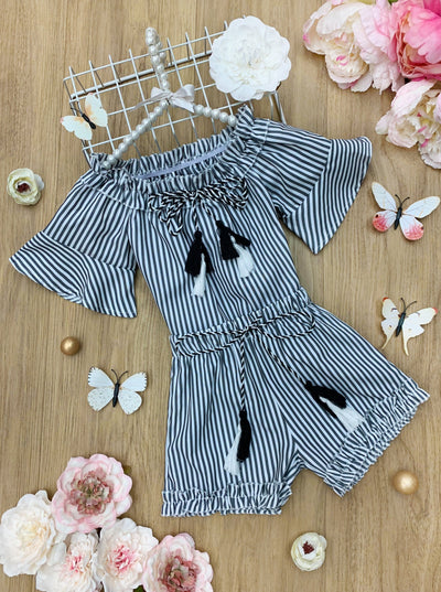 Girls Spring Outfits | Blue Pinstriped Off Shoulder Top & Shorts Set