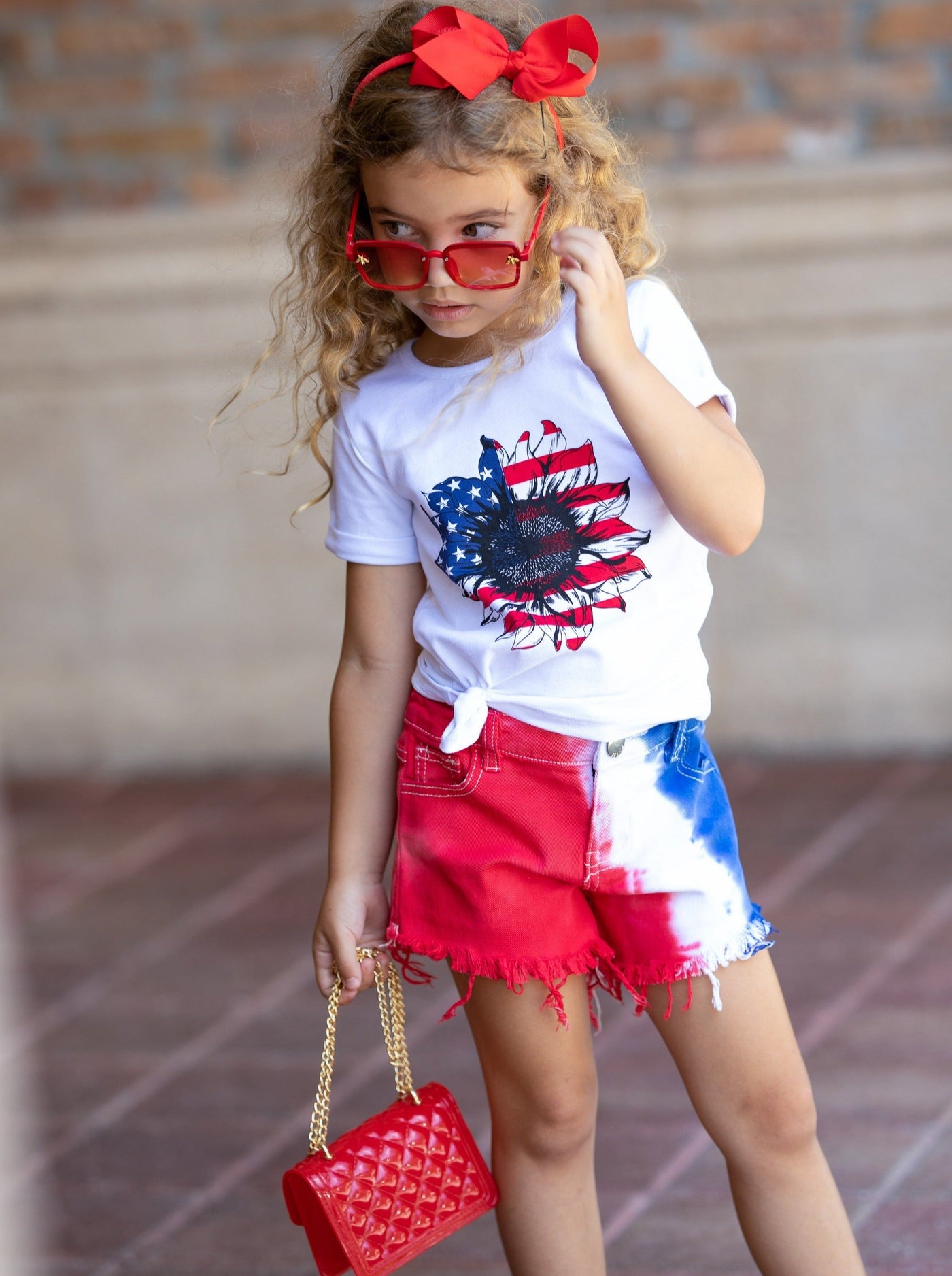 Girls 4th of July Outfits | US Flower Top & Tie Dye Denim Shorts Set