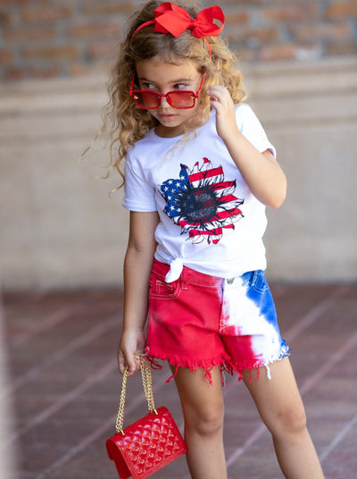 Girls 4th of July Outfits | US Flower Top & Tie Dye Denim Shorts Set
