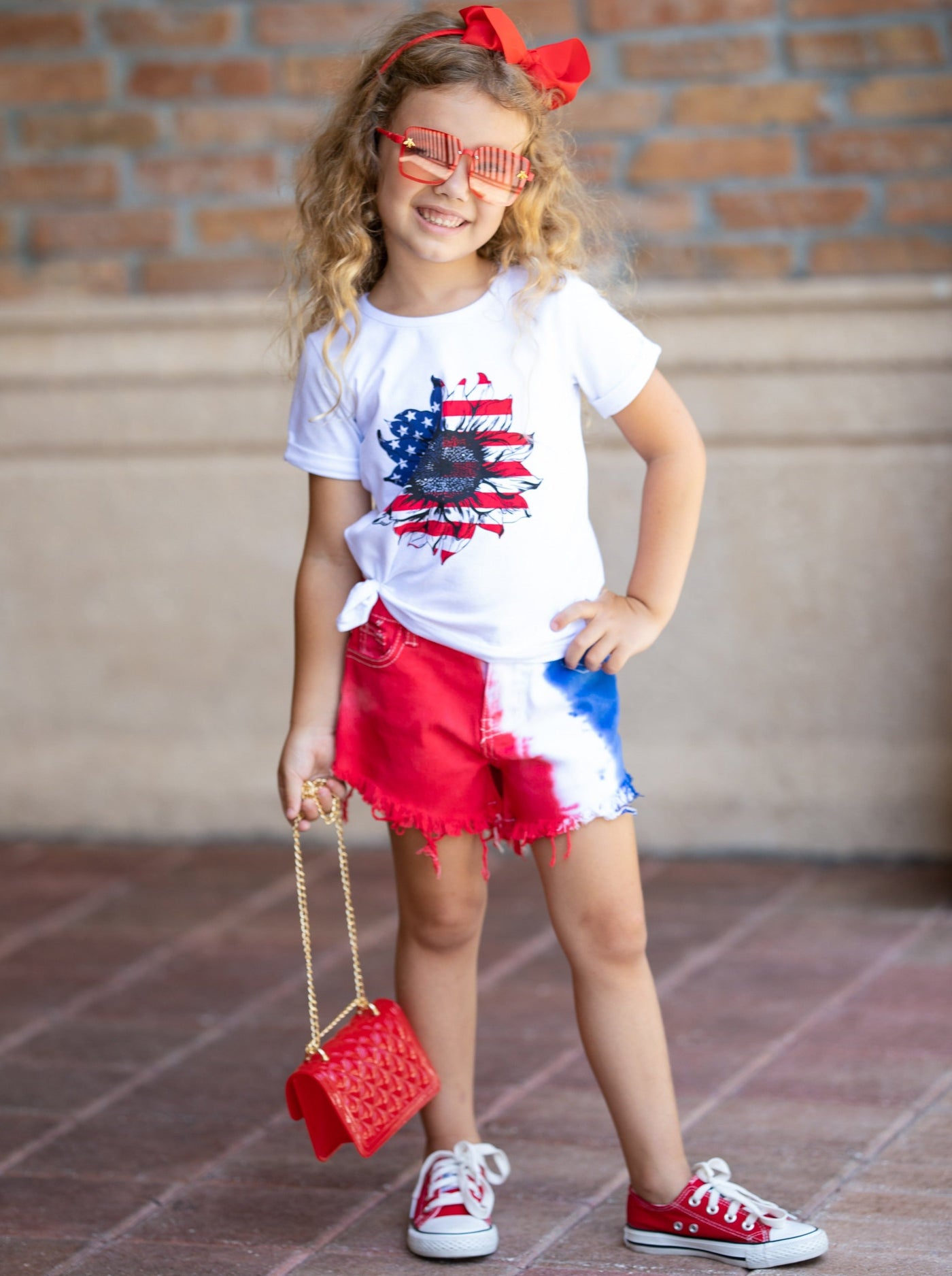Girls 4th of July Outfits | US Flower Top & Tie Dye Denim Shorts Set