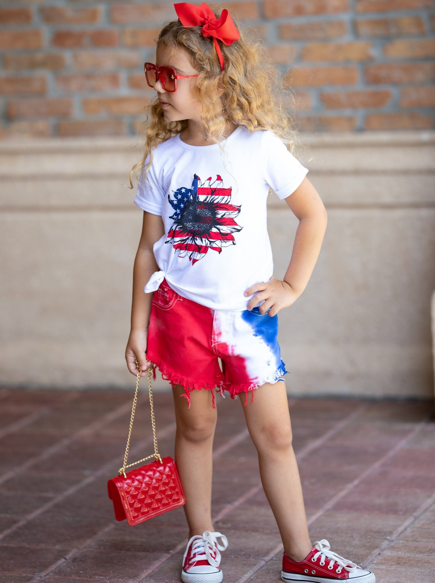 Girls 4th of July Outfits | US Flower Top & Tie Dye Denim Shorts Set