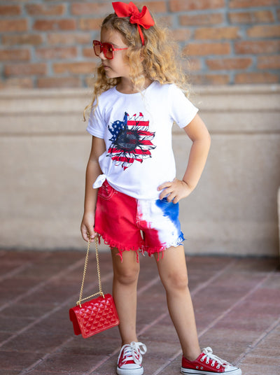 Girls 4th of July Outfits | US Flower Top & Tie Dye Denim Shorts Set