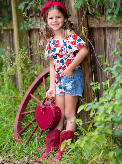 Girls Spring Outfits | Floral Ruffle Top & Patched Denim Shorts Set
