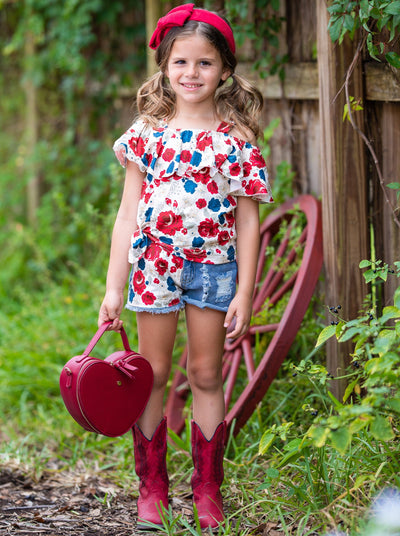 Girls Spring Outfits | Floral Ruffle Top & Patched Denim Shorts Set