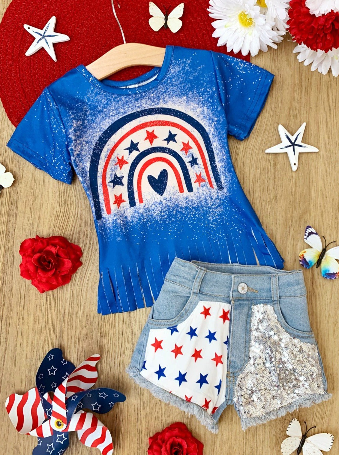 Girls 4th of July Outfits | Americana Fringed Top & Denim Shorts Set