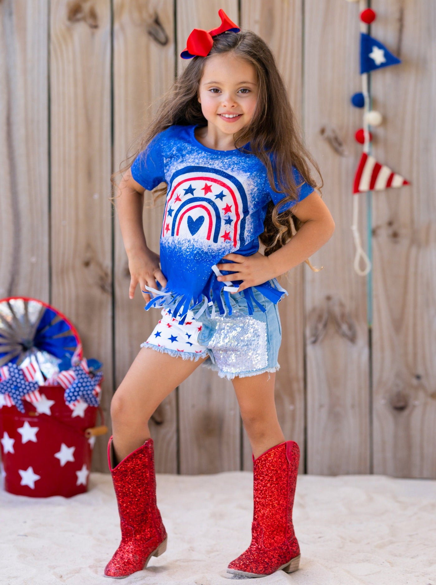 Girls 4th of July Outfits | Americana Fringed Top & Denim Shorts Set