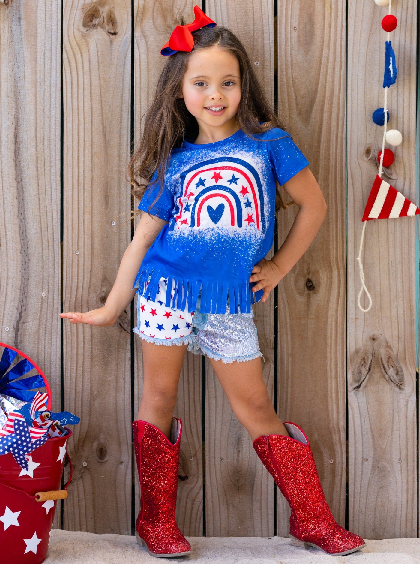 Girls 4th of July Outfits | Americana Fringed Top & Denim Shorts Set