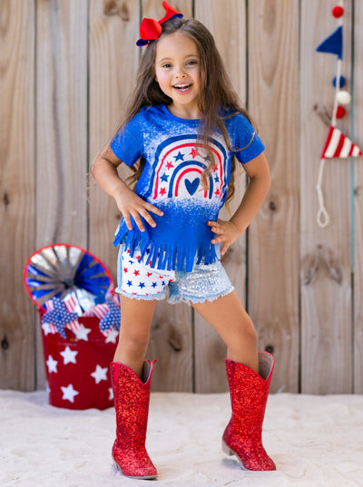 Girls 4th of July Outfits | Americana Fringed Top & Denim Shorts Set