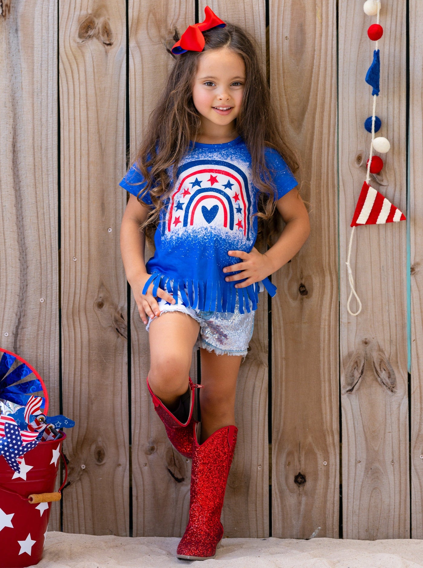 Girls 4th of July Outfits | Americana Fringed Top & Denim Shorts Set