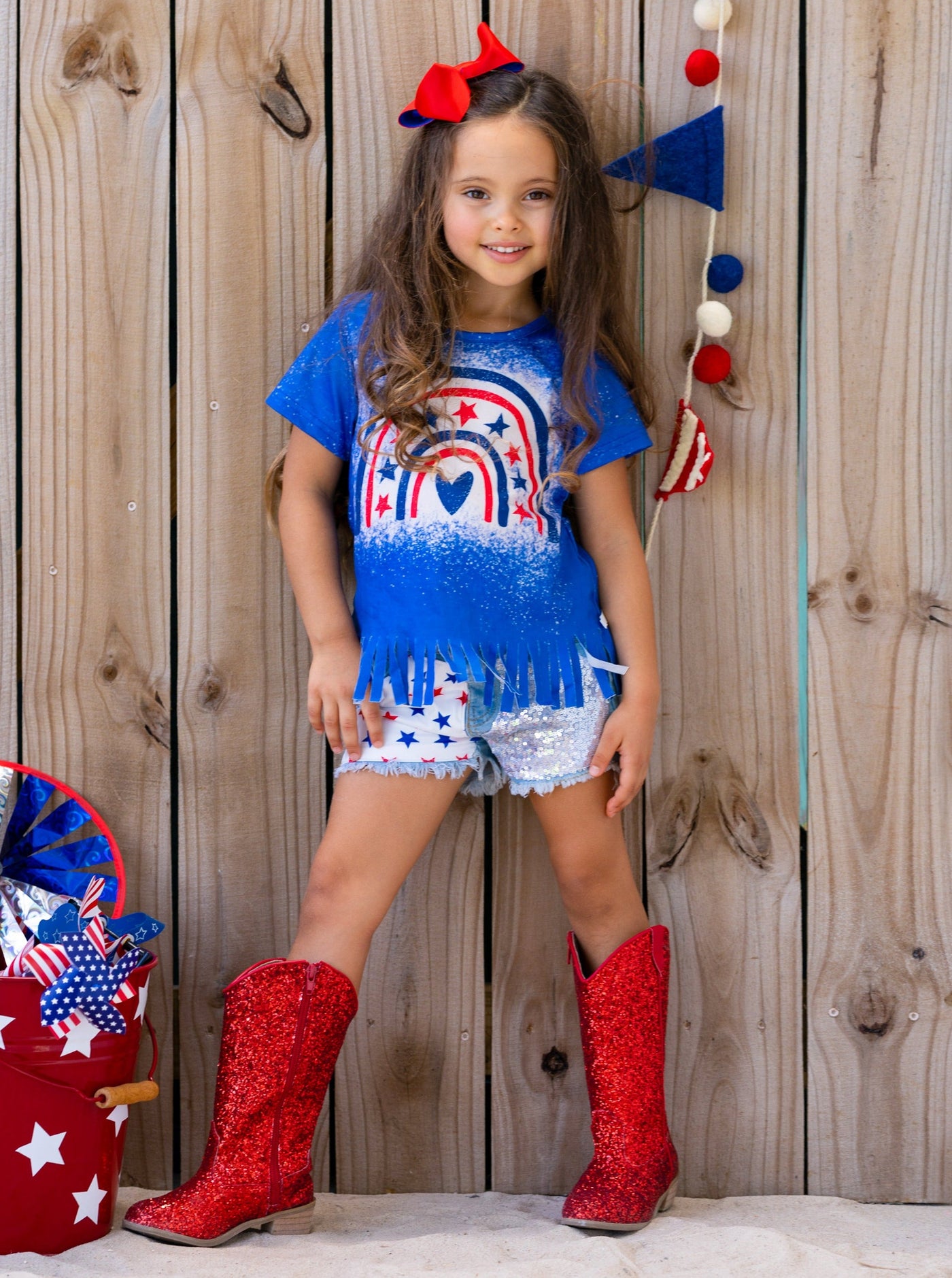 Girls 4th of July Outfits | Americana Fringed Top & Denim Shorts Set