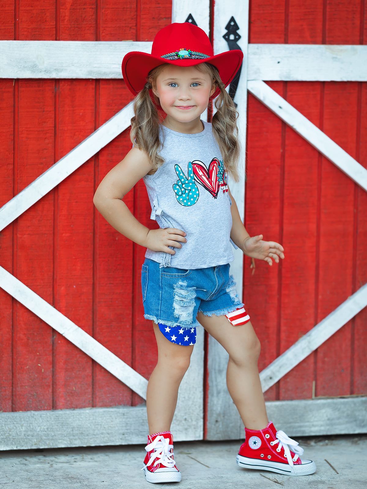Girls 4th of July Outfits | US Pride Fringed Top & Denim Shorts Set