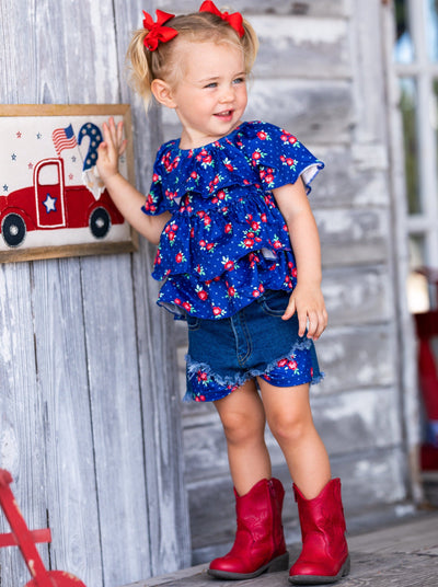 Cute Toddler Outfit | Girls Floral Polka Dot Top & Denim Shorts Set