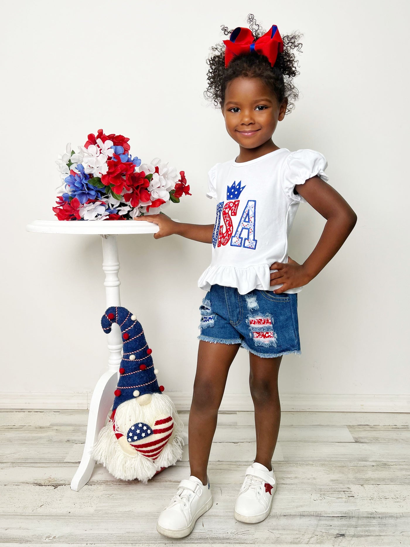 Girls 4th of July Outfits | USA Sequin Top & Patched Denim Shorts Set
