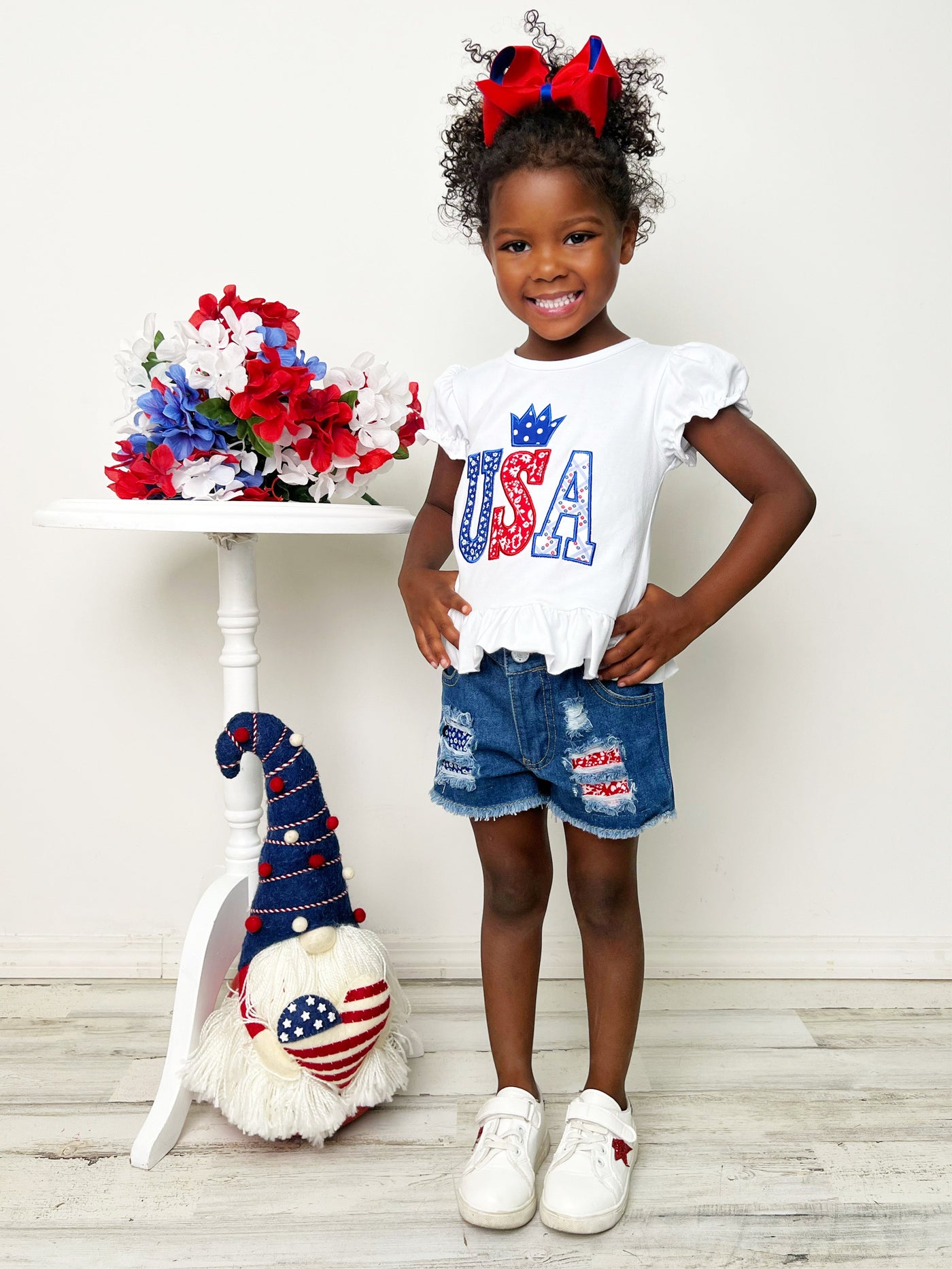 Girls 4th of July Outfits | USA Sequin Top & Patched Denim Shorts Set