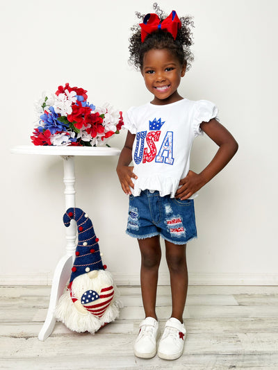 Girls 4th of July Outfits | USA Sequin Top & Patched Denim Shorts Set