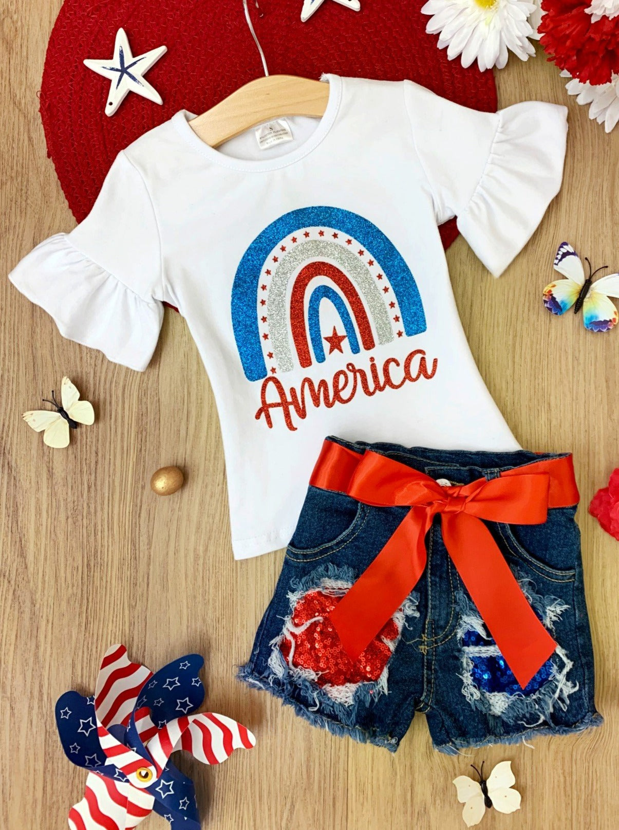 Girls 4th of July Sets | America Rainbow Top & Sequin Denim Shorts Set