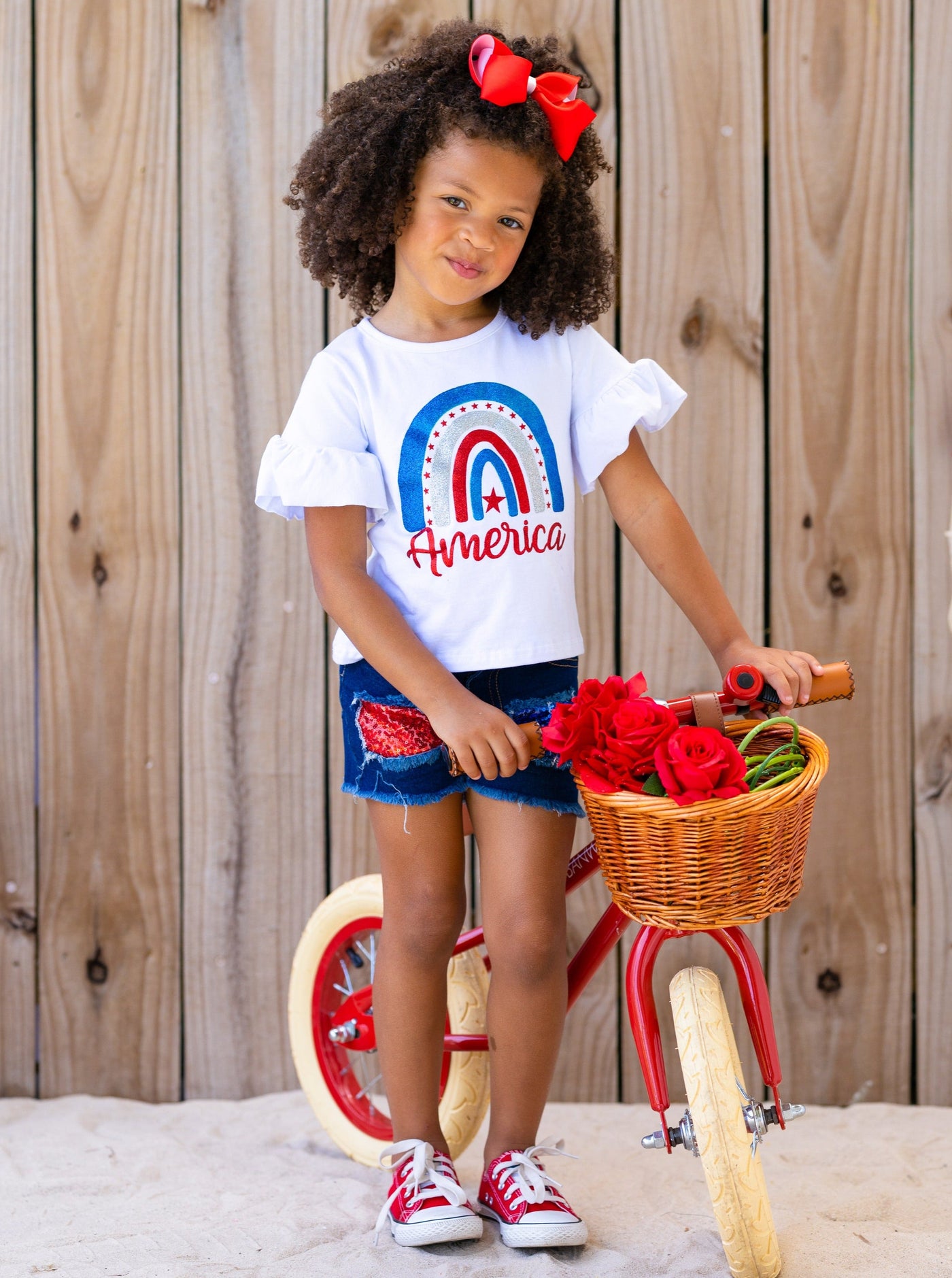 Girls 4th of July Sets | America Rainbow Top & Sequin Denim Shorts Set