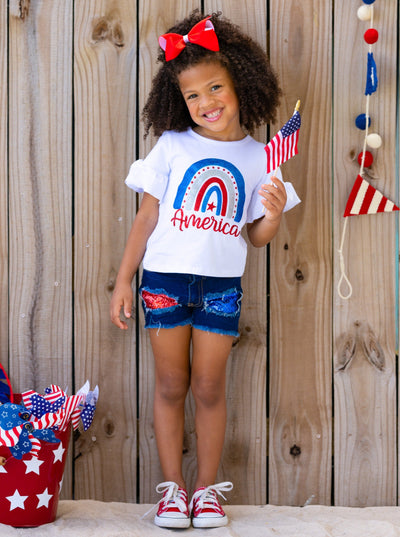 Girls 4th of July Sets | America Rainbow Top & Sequin Denim Shorts Set