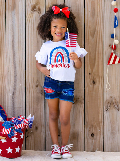Girls 4th of July Sets | America Rainbow Top & Sequin Denim Shorts Set