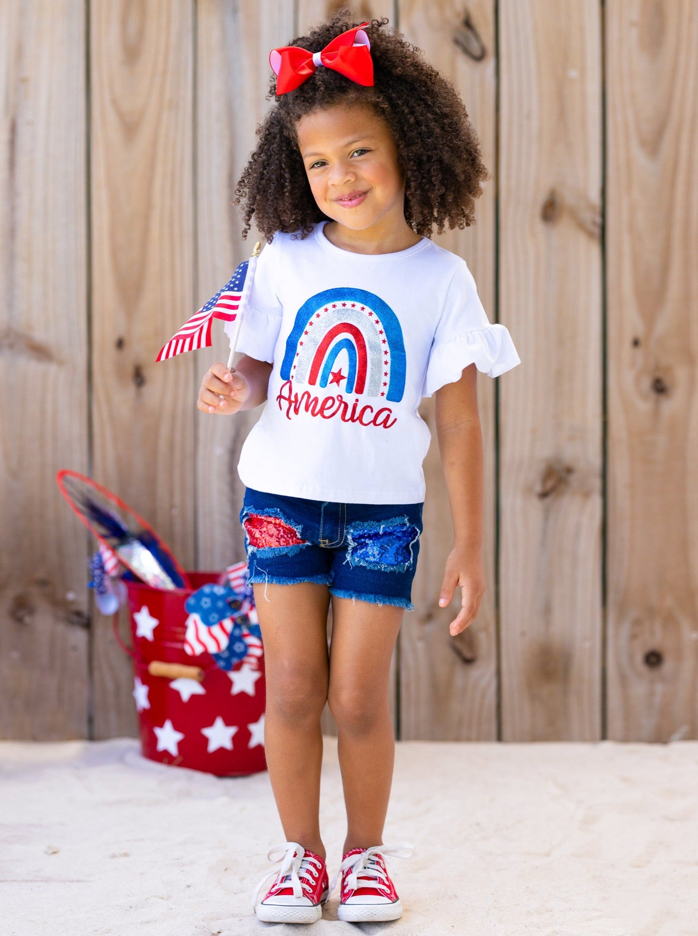 Girls 4th of July Sets | America Rainbow Top & Sequin Denim Shorts Set