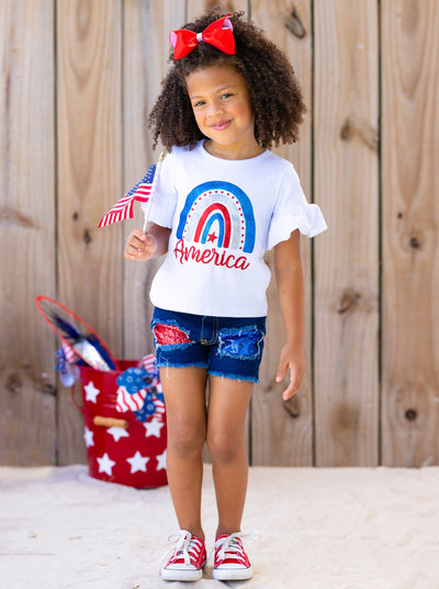 Girls 4th of July Sets | America Rainbow Top & Sequin Denim Shorts Set