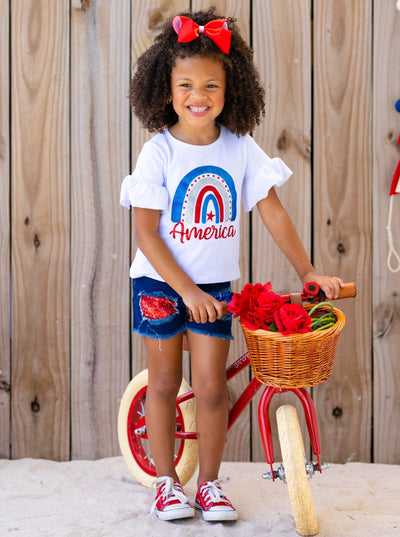 Girls 4th of July Sets | America Rainbow Top & Sequin Denim Shorts Set