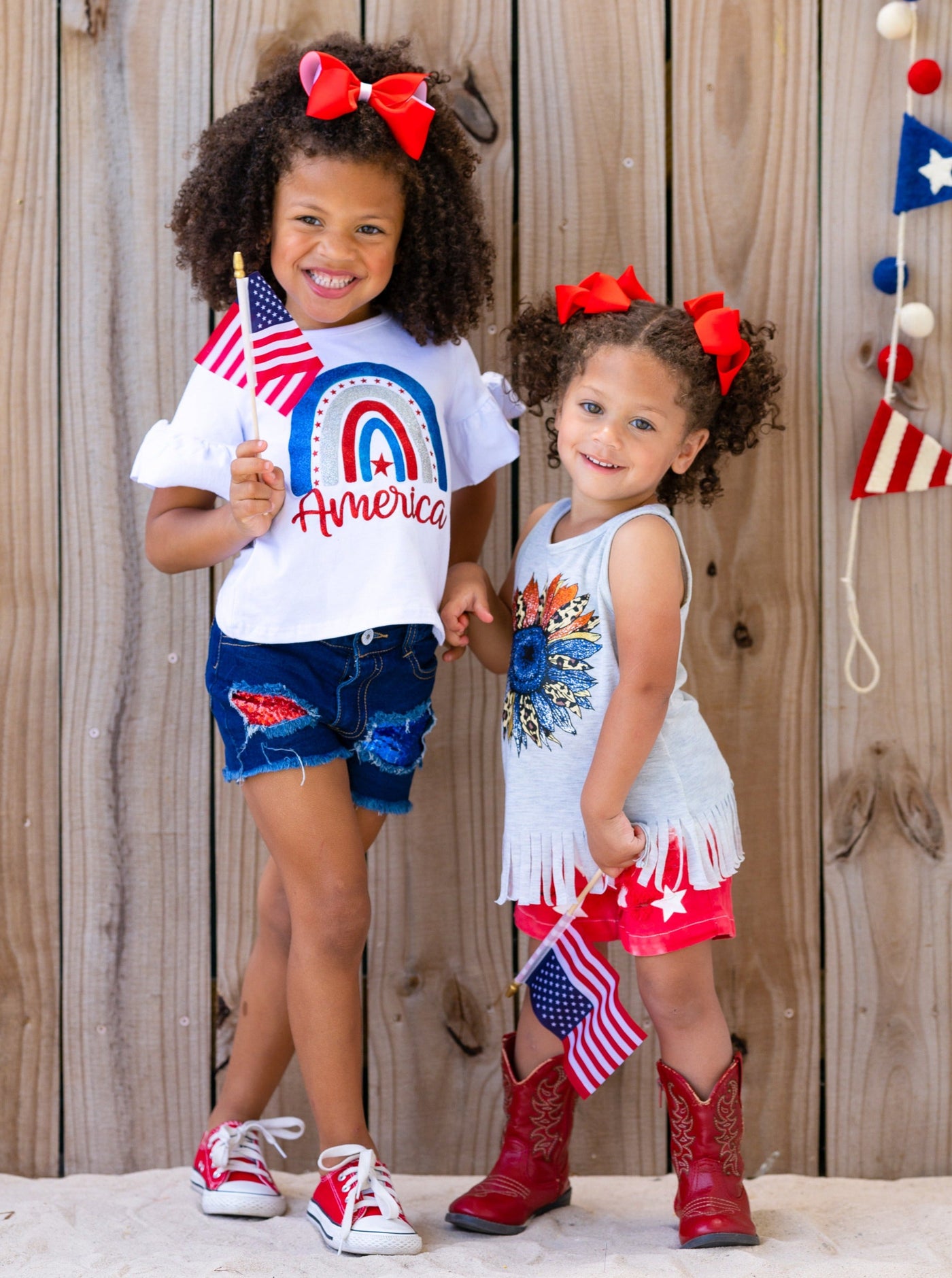 Girls 4th of July Sets | America Rainbow Top & Sequin Denim Shorts Set