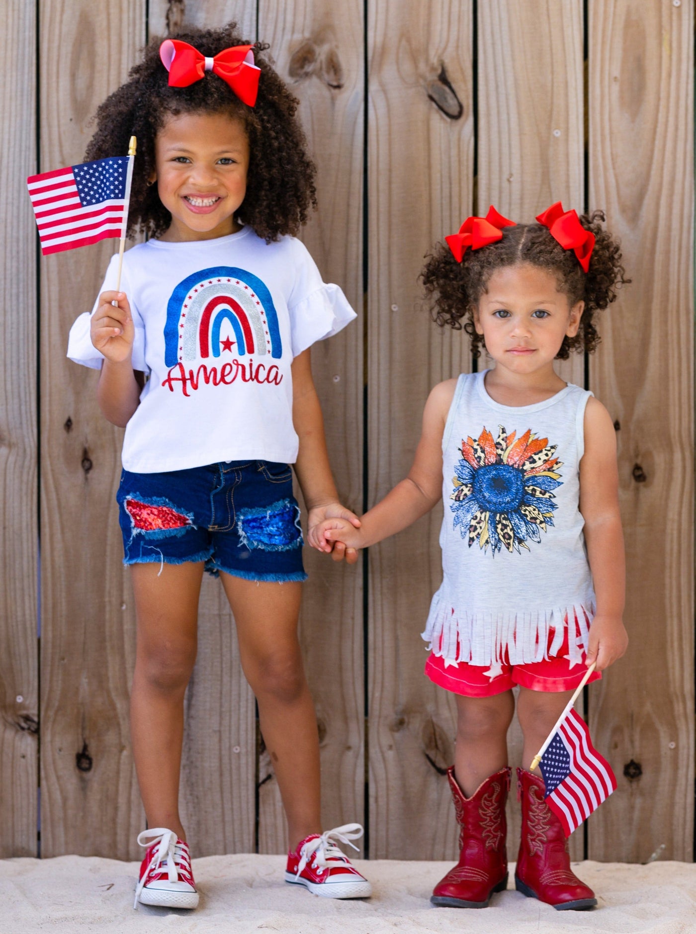 Girls 4th of July Sets | America Rainbow Top & Sequin Denim Shorts Set