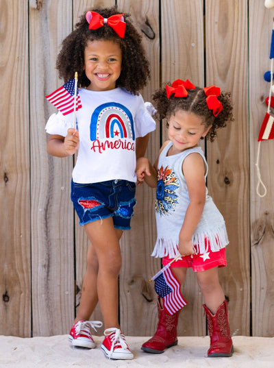 Girls 4th of July Sets | America Rainbow Top & Sequin Denim Shorts Set