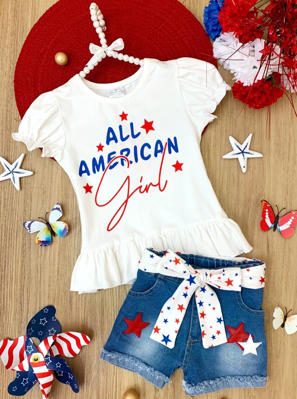 Girls 4th of July Outfit | All American Girl Top & Sashed Denim Shorts