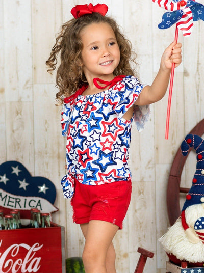Toddler 4th of July Outfits | Girls Star Print Top & Denim Shorts Set