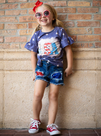 Girls set features a starred top with USA print and red/blue sequin patched denim shorts
