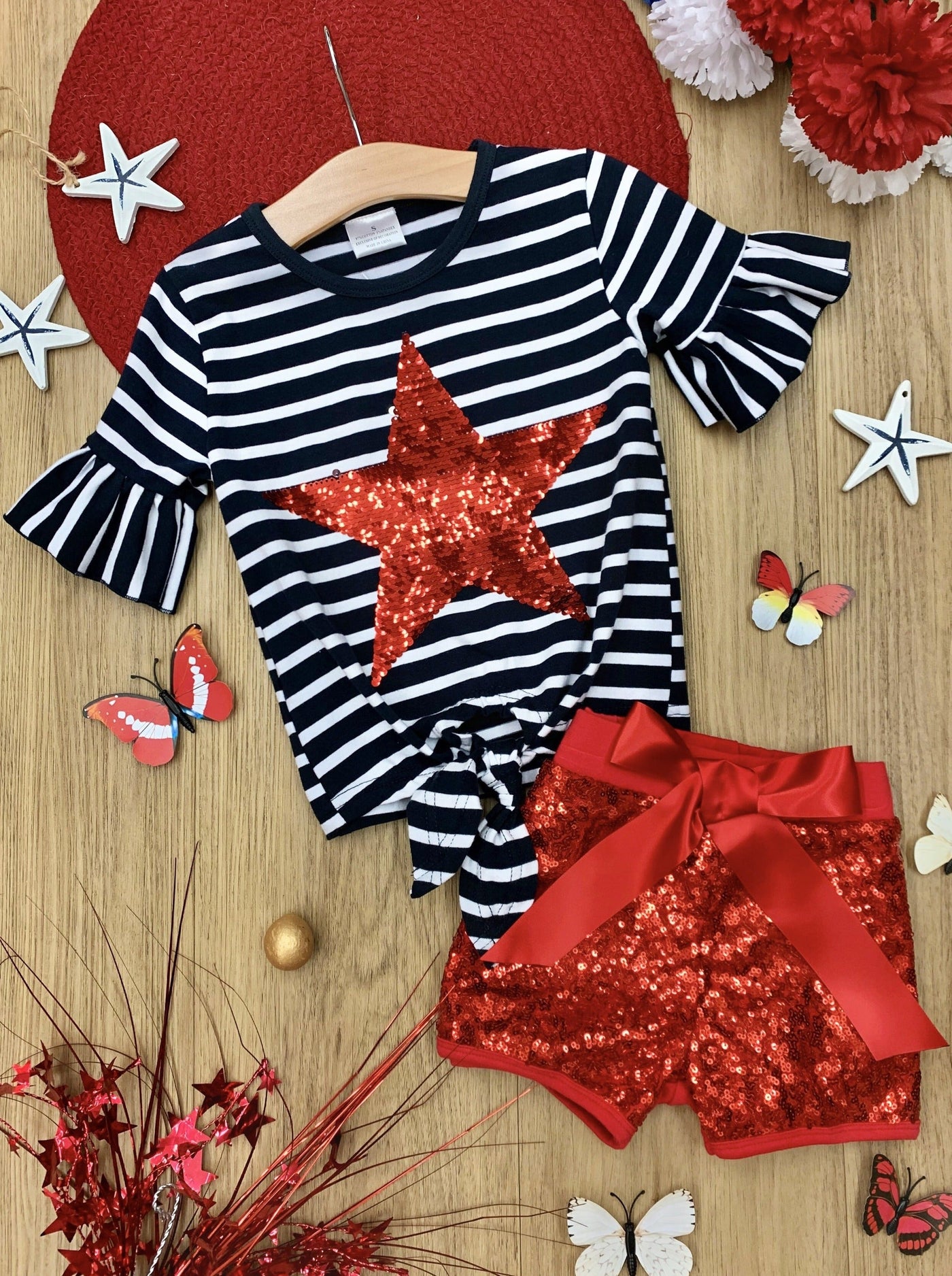 4th of July Outfits | Knot Top and Sequin Shorts Set - Mia Belle Girls